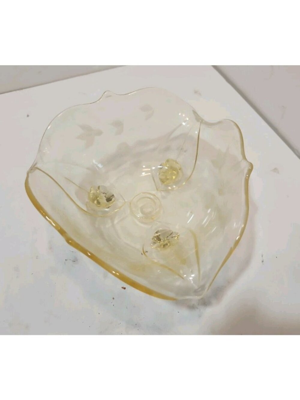 Vintage Yellow Depression Glass 3 Footed Bowl Scalloped Edge